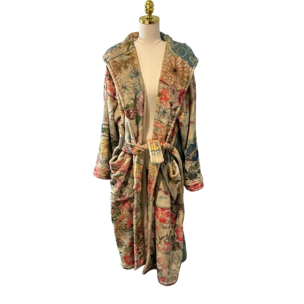 Johnny Was Floral Sherpa Robe Womens L/XL Multi Color Excellent Hooded H60722-E